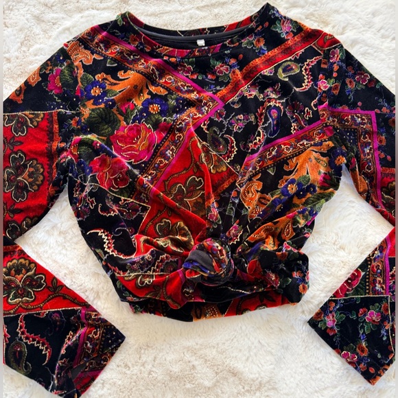 💫Stunning Vintage 90s Y2K Vivid Velvet Floral Paisley Patchwork Long Sleeve Top - Picture 3 of 15